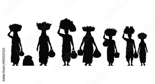 A line of african women carrying water jugs on their heads depicted in a striking black silhouette