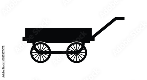 A stark black silhouette depicts a vintage horse drawn wagon with spoked wheels against a white backdrop silhouette
