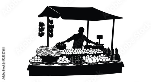 A black and white depiction of a market stall filled with produce and a vendor in silhouette