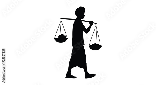 A solitary figure carries balanced baskets on a yoke walking forward with determined steps a striking silhouette