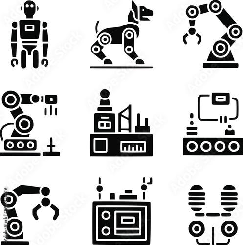 Robotics Innovation Solid Icons Set  Humanoid Robot, Robotic Dog, AI Arm, and Smart Factory Tech