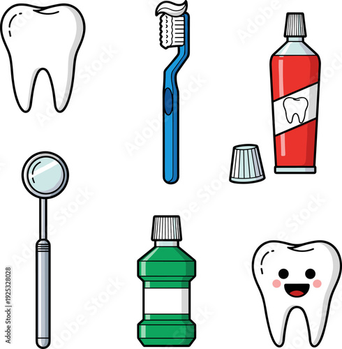 Dental Care and Oral Hygiene Flat Illustration Set with Tooth, Toothbrush, and Dental Tools