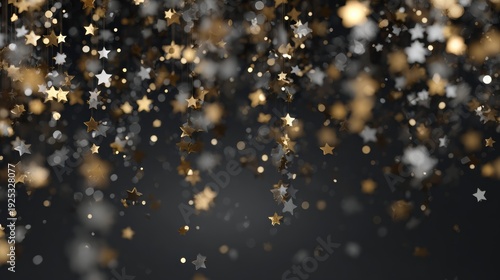 Gold and silver stars hang gracefully, creating a festive bokeh background. This shimmering composition evokes elegance, celebration, and a dreamy holiday ambiance.