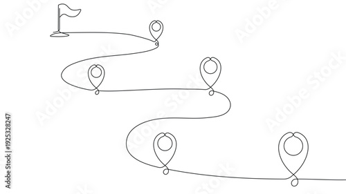 Minimalist one line path with goal flag and progress pins success achievement concept vector