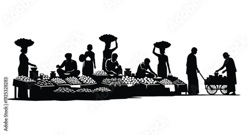 A bustling african market scene is depicted with figures carrying goods and trading presented as a silhouette