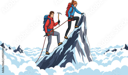 Extreme mountain climbing, alpine adventure, snow-covered peak, teamwork in action, high altitude expedition, winter ascent, mountaineers, rope safety, summit goal