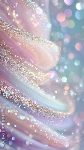 A pastel swirl of sparkling glitter and bokeh lights creates a dreamy, magical atmosphere. Iridescent shimmer adds ethereal beauty to this festive abstract background.