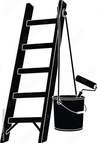 Professional Home Renovation Silhouette Featuring Wooden Stepladder with Hanging Paint Bucket and Roller for Interior Decorating and Construction Services