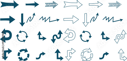 Assortment of blue arrows in various styles and directions