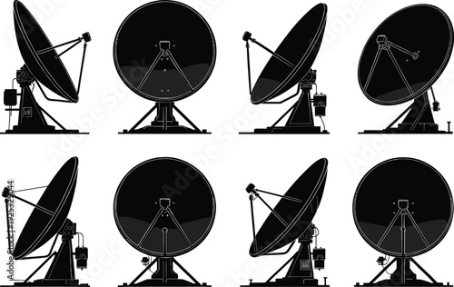 Black and white satellite dish vector illustration showing communication technology equipment, broadcasting signal design, modern telecommunication concept, parabolic antenna artwork.