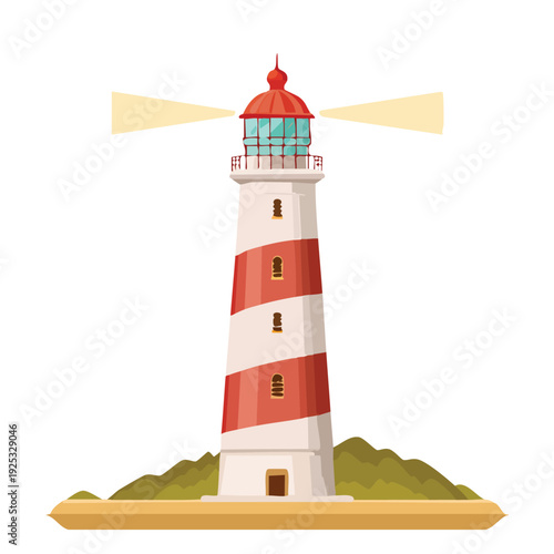 Coastal lighthouse with rotating light beams isolated