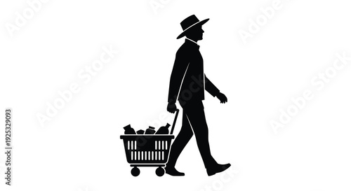 A solitary figure depicted in black walks with a shopping cart against a stark white background silhouette