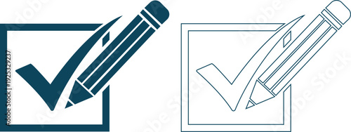Pencil marking a check in a square box and outline version