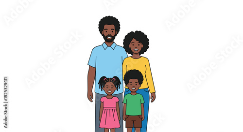 A flat vector illustration of a smiling African American family of four with parents and two children standing against a white background.