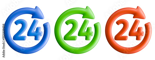 Circular arrow contains number 24. It symbolizes continuous operation or 24-hour service.