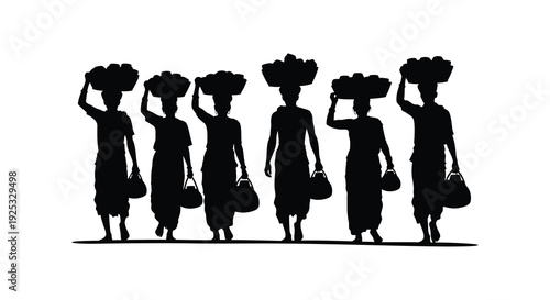 A row of women carrying baskets on their heads depicted in a striking black visual style silhouette