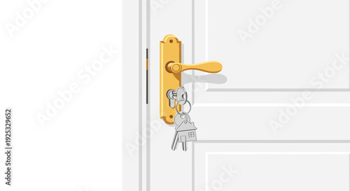 A close-up flat vector illustration of a white wooden door with a gold handle and a set of keys with a house keychain in the lock.