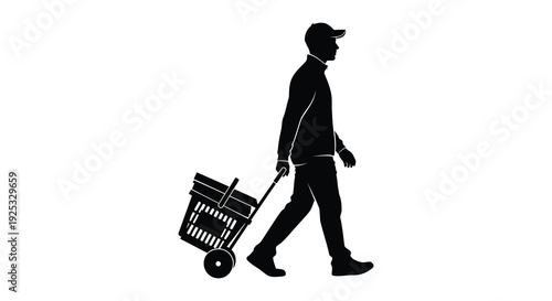 A man is depicted walking with a shopping cart his form rendered as a striking black silhouette