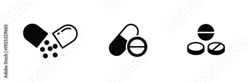 Pill Icon Set, Medicament and Pharmaceutical Symbol, Medical Design Element, Capsule and Tablet Vector Illustration