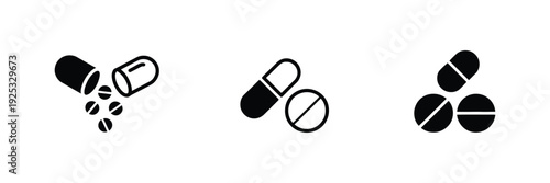 Pill Icon Set, Medicament and Pharmaceutical Symbol, Medical Design Element, Capsule and Tablet Vector Illustration