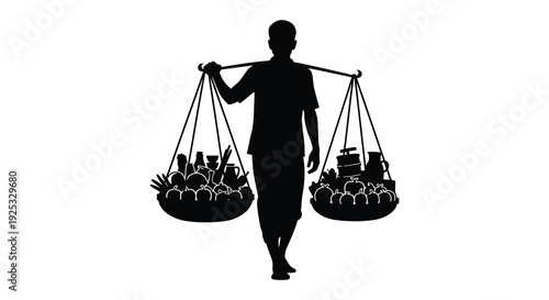 A striking black silhouette depicts a person carrying balanced loads on a yoke representing trade and labor silhouette