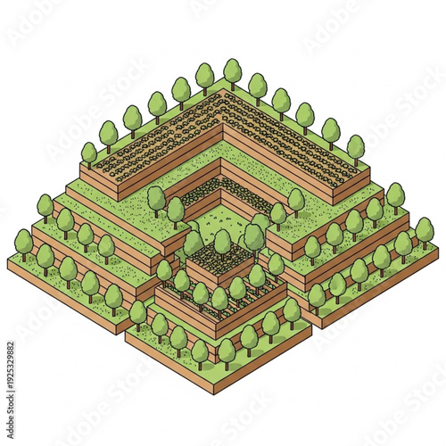 Terraced garden landscape with trees and vegetation.