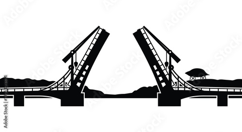 A striking black and white illustration depicts an open bascule bridge over water showcasing a distinct silhouette