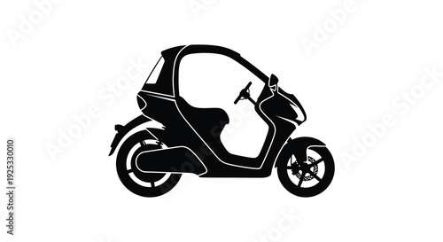 A black silhouette of a three wheeled vehicle resembling a small car or covered scooter silhouette high quality professional