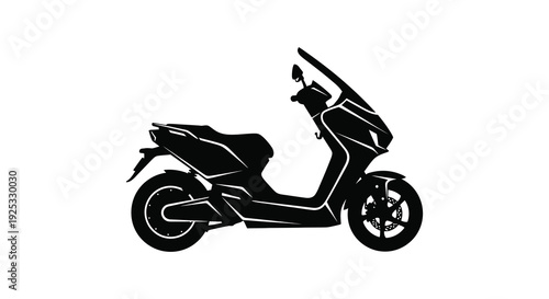 A sleek black scooter is depicted in profile view showcasing its modern design and sporty features a silhouette