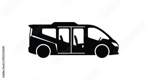 A stark black silhouette of a modern passenger van is prominently displayed against a clean white background silhouette