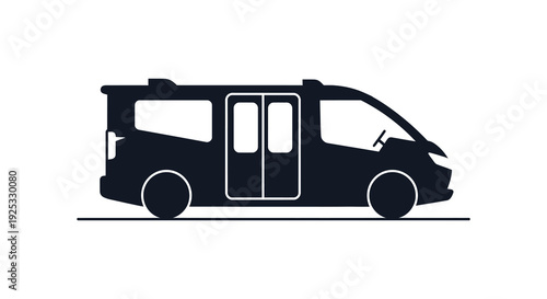 A sleek black silhouette of a modern camper van rests on a simple line evoking travel and adventure silhouette