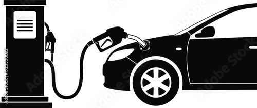 Automotive Fueling Service Silhouette Featuring Passenger Car at Gas Station Pump with Fuel Nozzle for Energy and Transportation Concept
