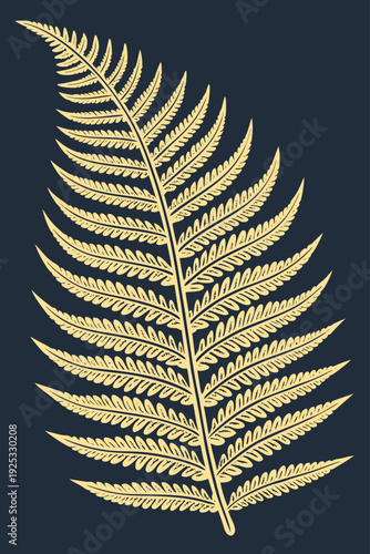 Fern Leaf Gold Navy Engraving Style Vector Illustration Dark Background