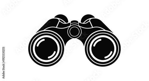 A striking black and white illustration depicts a pair of binoculars showcasing a bold minimalist silhouette high quality