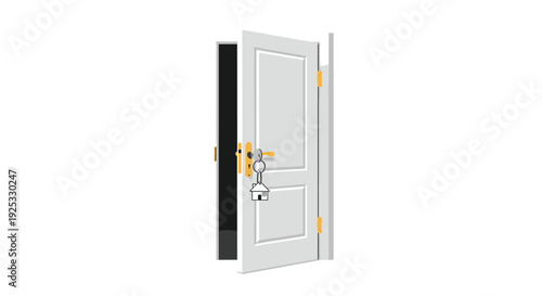 A flat vector illustration of a white door slightly open with a gold handle and a set of keys with a house keychain hanging from the lock.