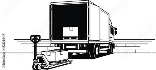Industrial Warehouse Logistics Silhouette Featuring Cargo Delivery Truck with Open Doors and Manual Pallet Jack Loading Cardboard Boxes for Supply Chain Management