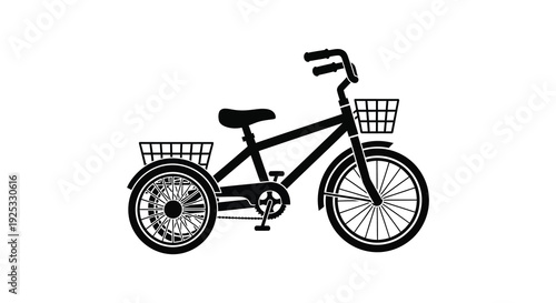 A black silhouette depicts a vintage tricycle with a front basket showcasing classic design and simple form silhouette