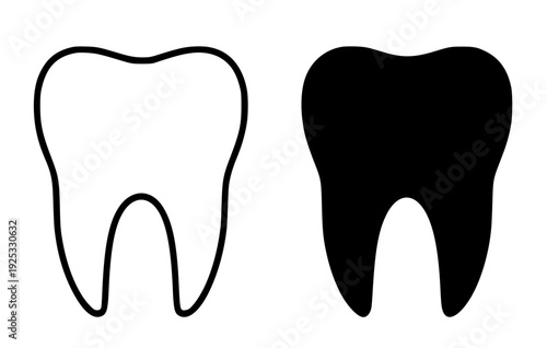 Minimalist icon of tooth, featuring outline and silhouette design