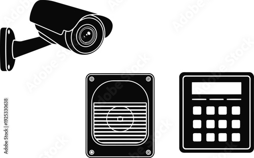 Electronic Security System Silhouette Featuring Wall Mounted CCTV Surveillance Camera Alarm Siren Speaker and Digital Control Keypad for Smart Home Protection