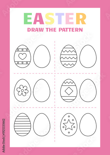 Educational game for kids. Cute Easter draw the pattern game. Printable game.Educational activity worksheet.Illustration for kids books and workbooks.Drawing quest for children.Vector illustration