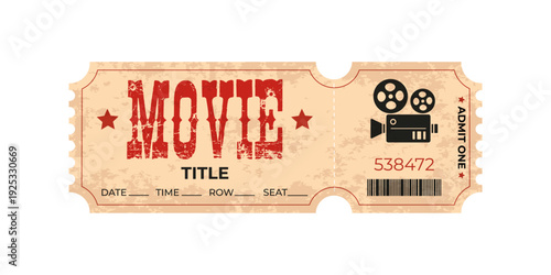 Vintage movie ticket isolated on transparent background. Retro  movie coupon. Decorative element for cinema, party, event, festival.Realistic template in red, white, black colours. Admit one.Vector