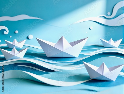 Origami paper boats on blue paper waves, leadership and teamwork concept.