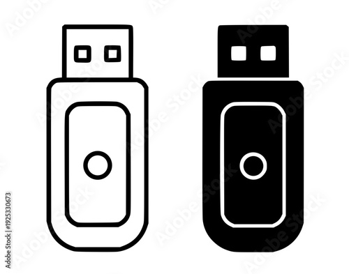 Minimalist USB flash drive icon, featuring outline and silhouette design