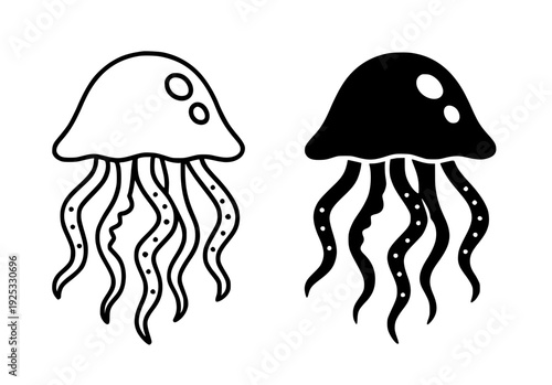 Jellyfish illustration icon, featuring outline and silhouette design