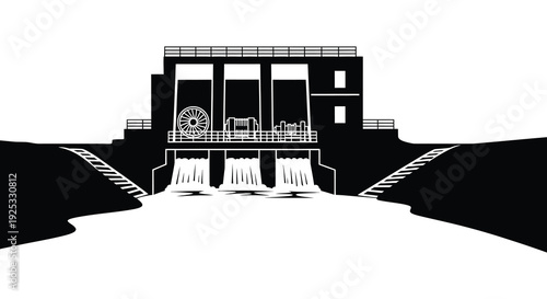 A striking black and white illustration depicts a dam structure with flowing water presented as a bold silhouette
