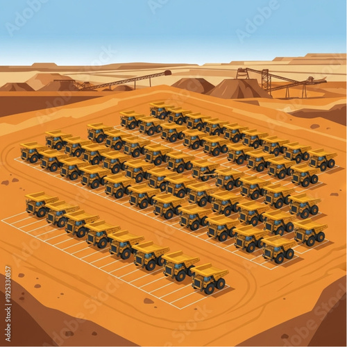 Large fleet of yellow mining trucks parked in a desert yard.
