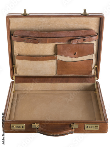 Opened brown leather briefcase with compartments isolated