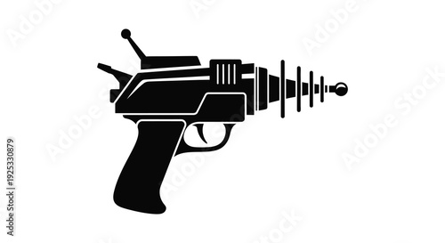 A striking black silhouette of a vintage ray gun evoking classic science fiction imagery and design silhouette