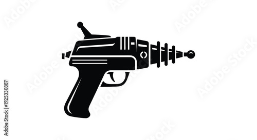 A striking black silhouette depicts a retro ray gun evoking classic science fiction imagery and design silhouette