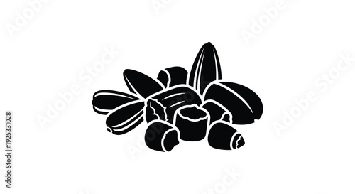 A striking black floral arrangement is prominently displayed against a white background creating a bold silhouette high quality